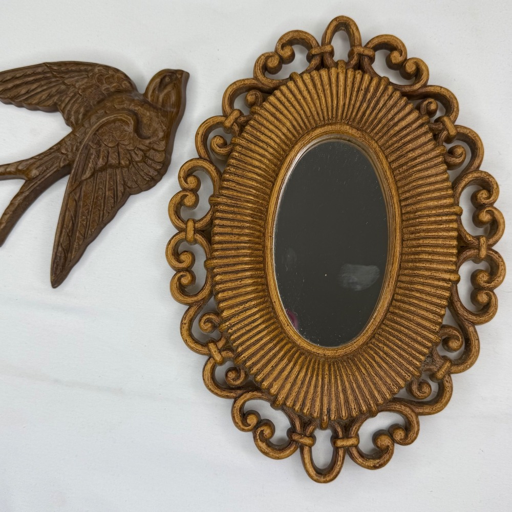 Vintage Homco Faux Wicker Mirror & Burwood Bird Plaque 2-Piece Set